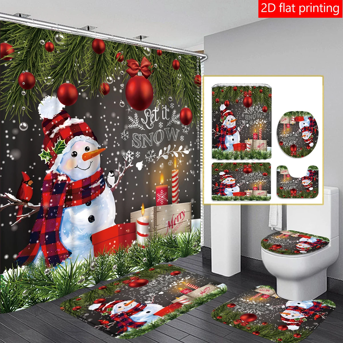 

4pcs Christmas snowman curtain shower curtain decoration, beautiful housewarming gift modern home decoration, waterproof shower