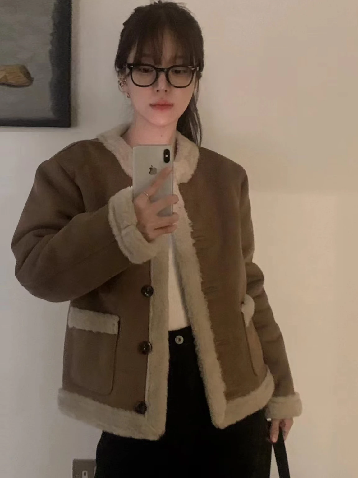 Faionable على الوجهين ارتداء فرو الضأن Jaet المرأة الكورية Sle الرجعية الجولة Ne زر واحد ثي معطف دافئ طويل Sve