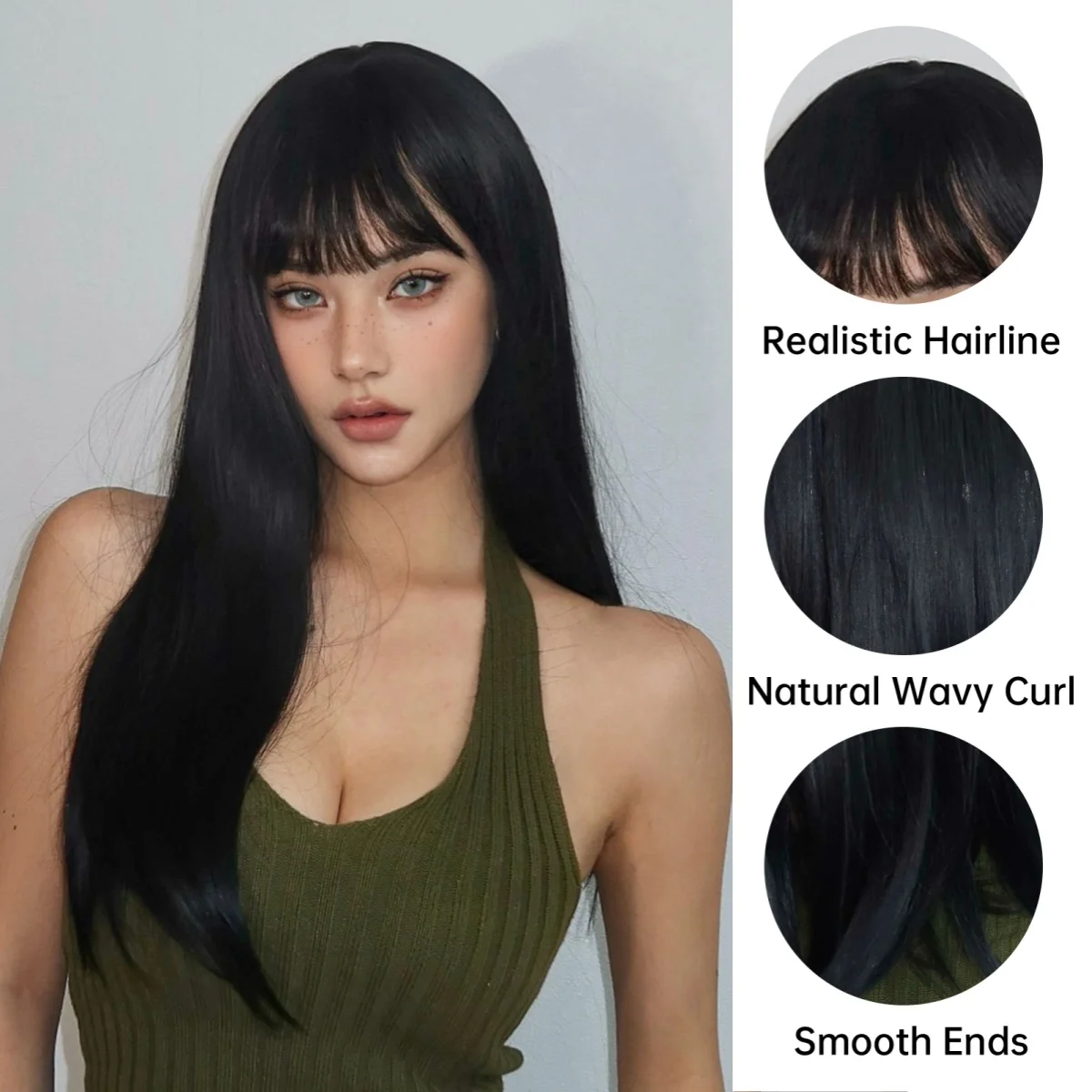 Long Straight Black Synthetic Hair Wigs with Bangs Natural Black Hair Wigs for Women Daily Party Cosplay Use Heat Resistant 26in