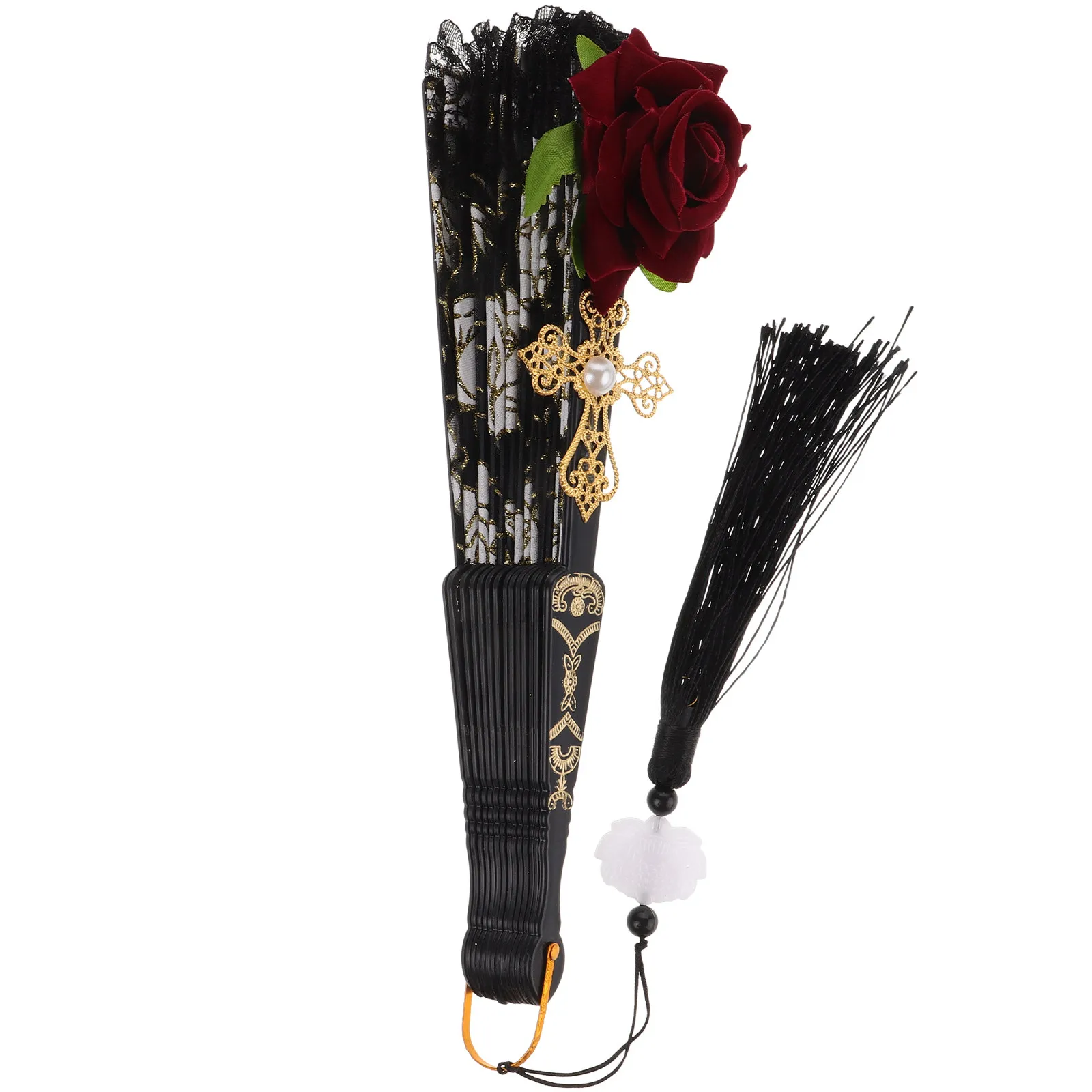 Abanico Plegable de Encaje con Rosas Negras, Abanico Decorativo Vintage para Danza Flamenca Española, Boda, Novia, Accesorio para Fotos, Fiesta