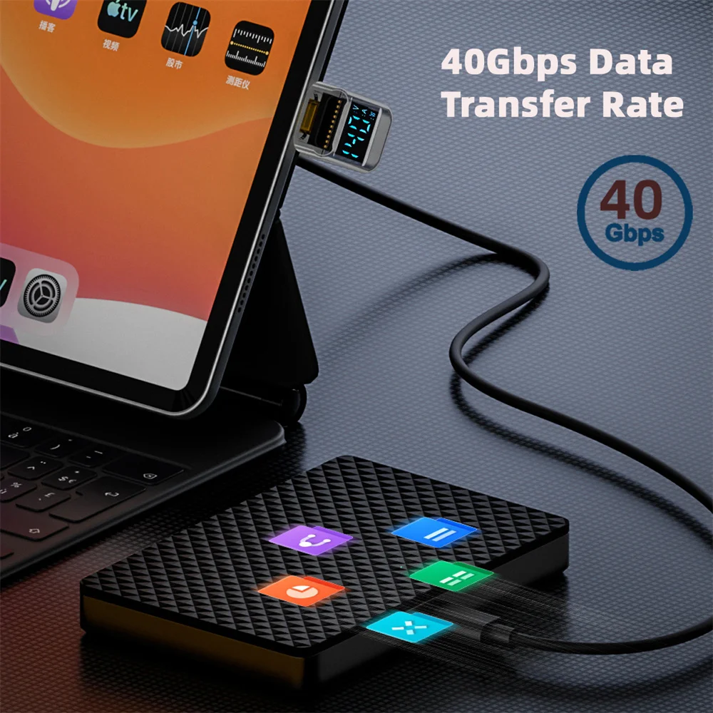 CableCC USB-C 수-암 익스텐션 어댑터, C타입 앵글 전류 전압 모니터링, LED 디스플레이, USB4.0, 40Gbps, 140W