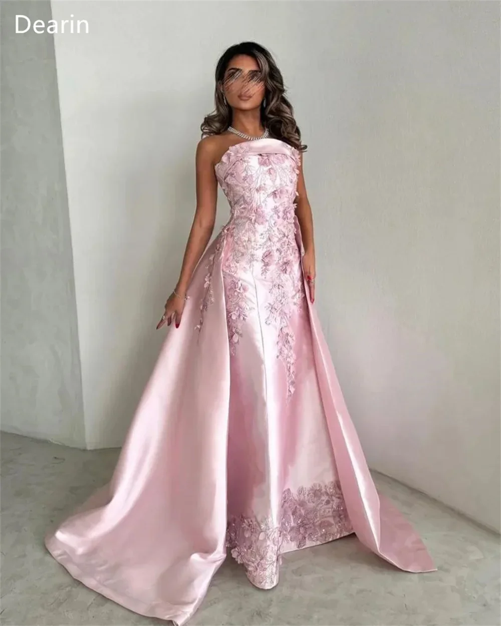 Customized Prom Gown Dearin Strapless A-line Floor Length Draped Sleeveless Applique Flower Bespoke Occasion Dresses Saudi Ara