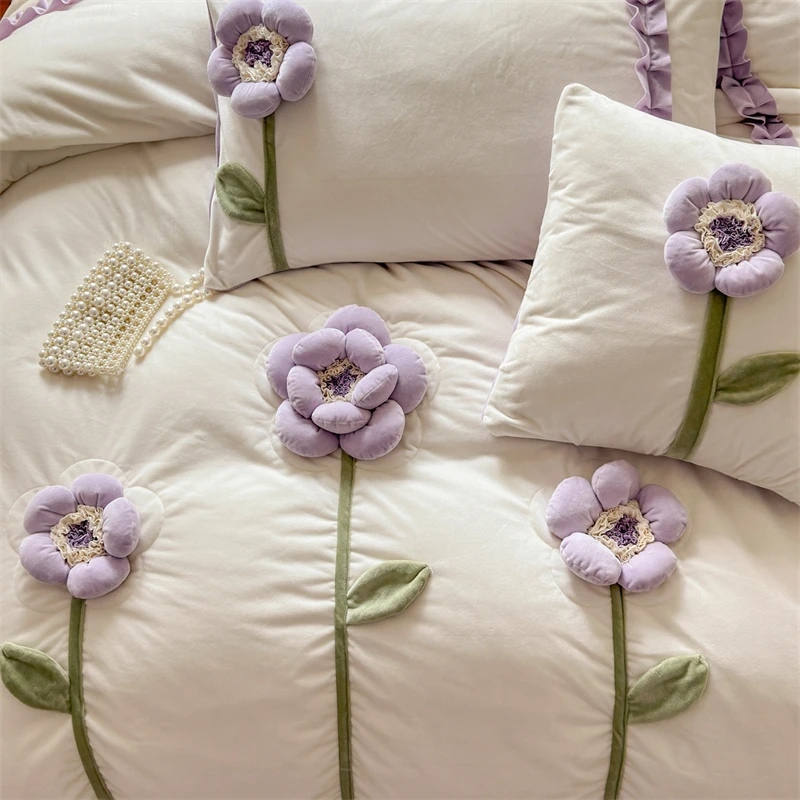 Handmade Flowers Embroidery Ruffles Korean Princess Bedding Set Thickened Warm Velvet Duvet Cover Bedspread Pillowcases 4/5Pcs