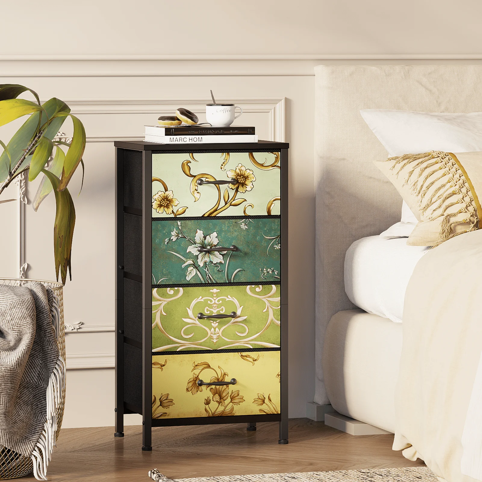 Tall Dresser Bedside Nightstand with 4 Fabric Chest of Drawers,for All Age,Retro Flower