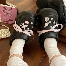 Shoe Charm DIY Pink Ribbon Bow with Love Chain Shoe Decorations Accessories Charms for Clogs Bogg Bag Slides Sandals