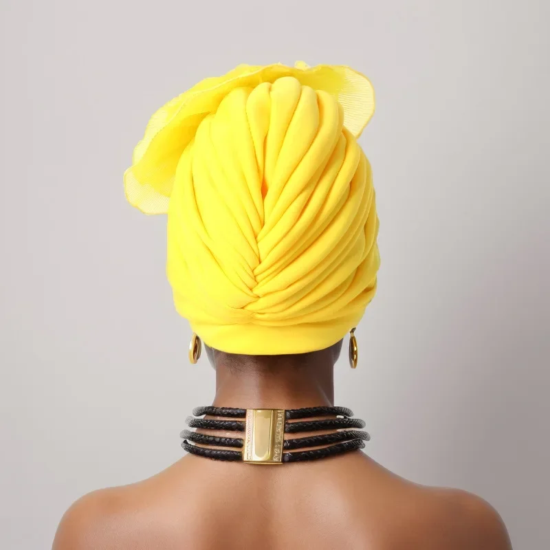 New Big Flower Turban Women Muslim Hijab Cap African Auto Gele Headtie Aso Oke Hat Nigeria Wedding Headpiece Headscarf Bonnet