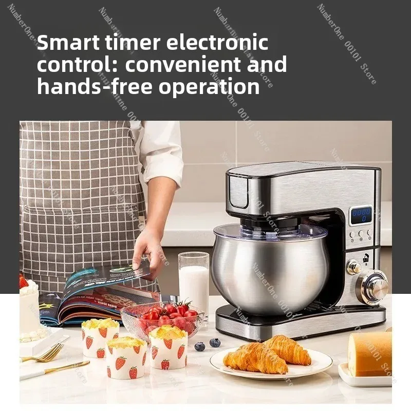 Smart Timer Stand Mixer Automatic Dough Kneader Cream Whisk Beater Household 6-Speed Stainless Steel Bowl Tilt-Head Home Baking
