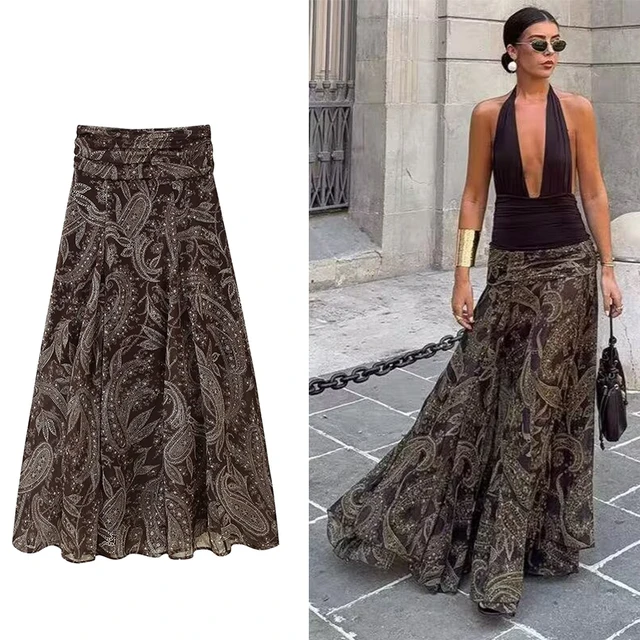 Ruffles Pleated Long Skirts For Women Fashion 2025 New Vintage Printed Midi Skirt High Street Casual Chic Party Skirts