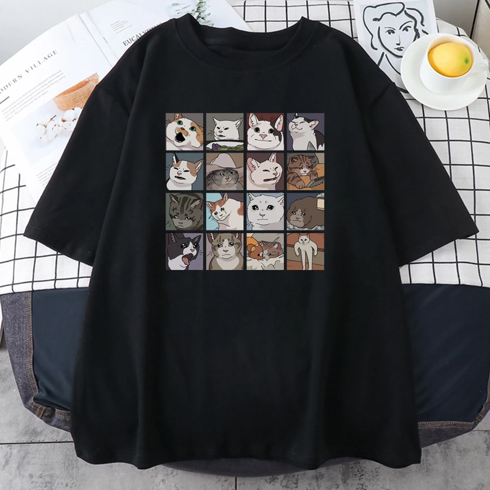 Camisetas de algodón con estampado de gato Meme para hombre, camiseta de calle Coreana de manga corta con cuello redondo, Tops informales de verano