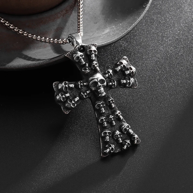 Fashion Gothic Skull Push Up Cross Pendant Stainless Steel Necklace Men's/Women's Halloween Party Punk Jewelry Gifts