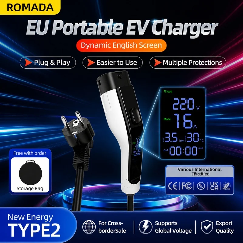 3.5KW Portable Electric Vehicle Charger Adjustable Current 8/10/13/16A With 3M 5M Cable TYPE2 EU Plug Digital Display EV Charger