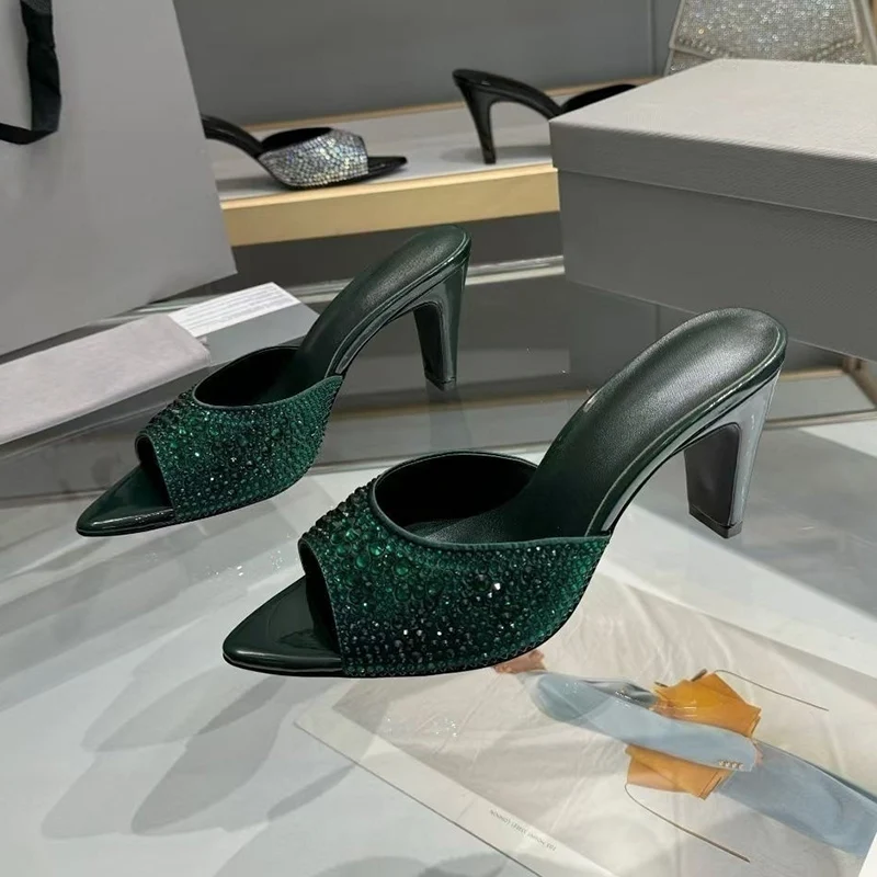 Pointed Toe High Heels Slippers Women Shiny Rhinestone Chunky Heels Fashion Sandals Summer Slides Outdoor Vcation Beach Shoes