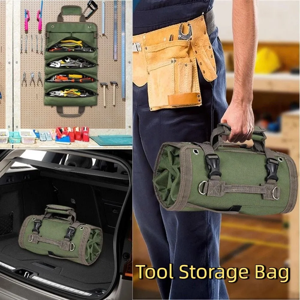 Multi Pocket Tool Storage Bag Large Capacity Rolled Tool Organizer Bag Zipper Pockets Hardware Tool Bag Mechanic
