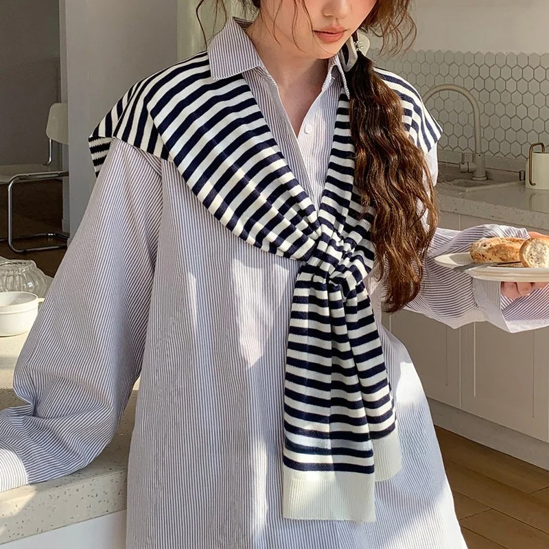 Women's Knitted Wool Blend Scarf Shoulder Wrap Spring Autumn Fashion Decorative Stripe Design Fake Collar Lazy Person's Neck ...