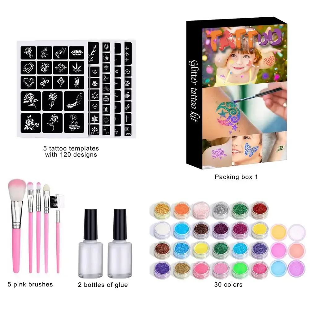 

Diamond Glitter Tattoo Set Temporary Kit 30 Colors 120 Templates Body Nail Art Paint Party Makeup