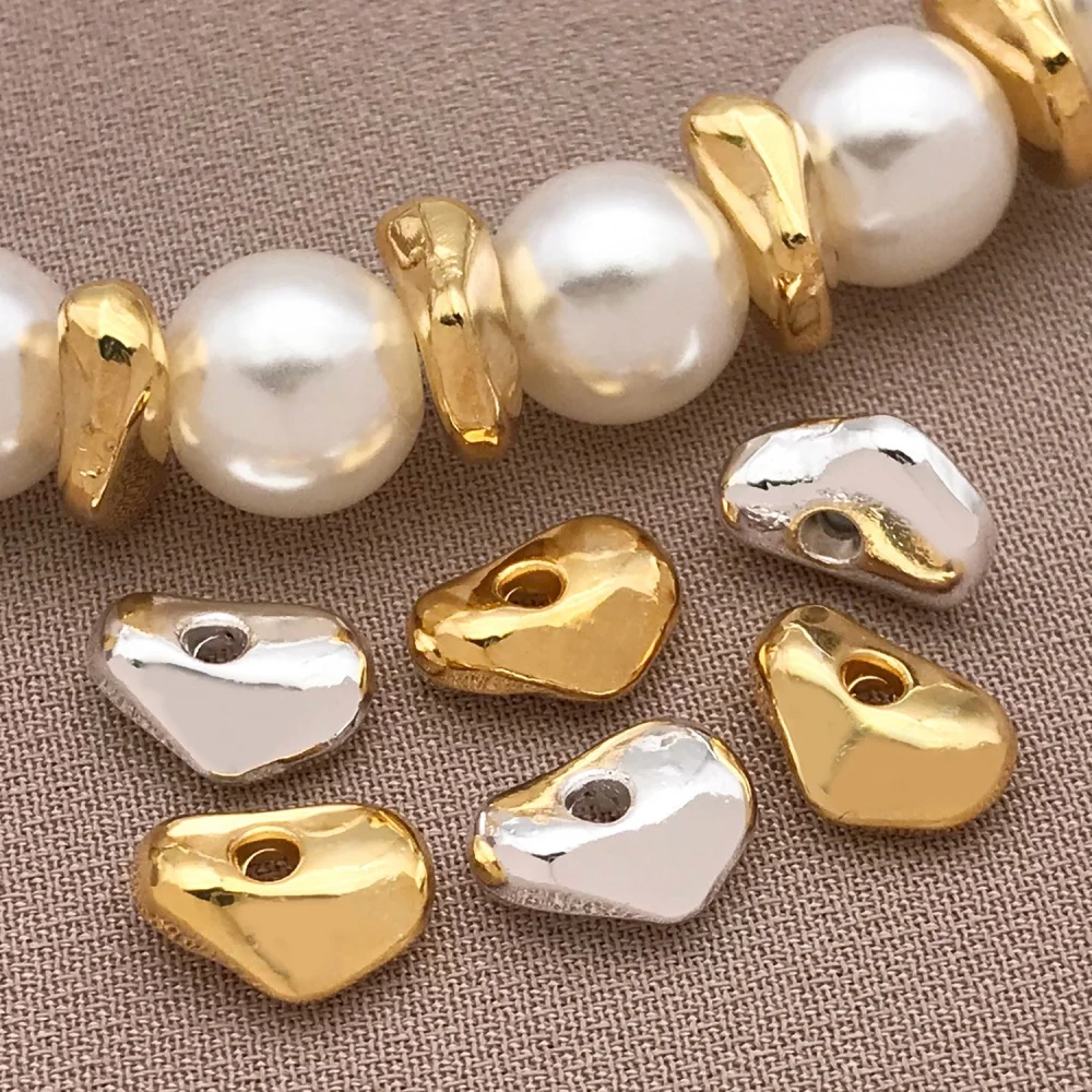 10pcs 18K Copper Plated Real Golden Thick Silvery Irregular Broken Silver Spacer Beads, DIY Jewelry Making Accessories