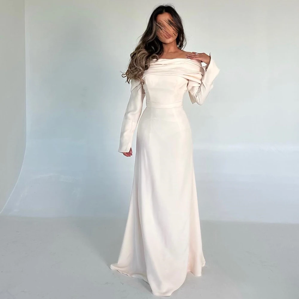 

Off the Shoulder Long Sleeves Straight Floor Length Jersey Pleats Zipper Back Solid Color Evening Dress For Formal Occasion 2024