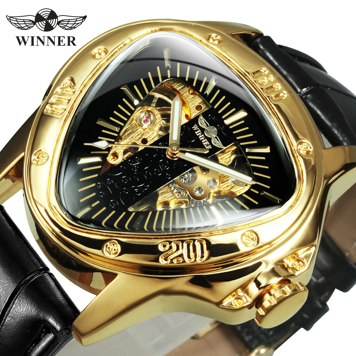 WINNER Military Triangle Skeleton Watch for Men Luminous Luxury Sports Automatic Mechanical Watches Gold Stainless Steel Strap