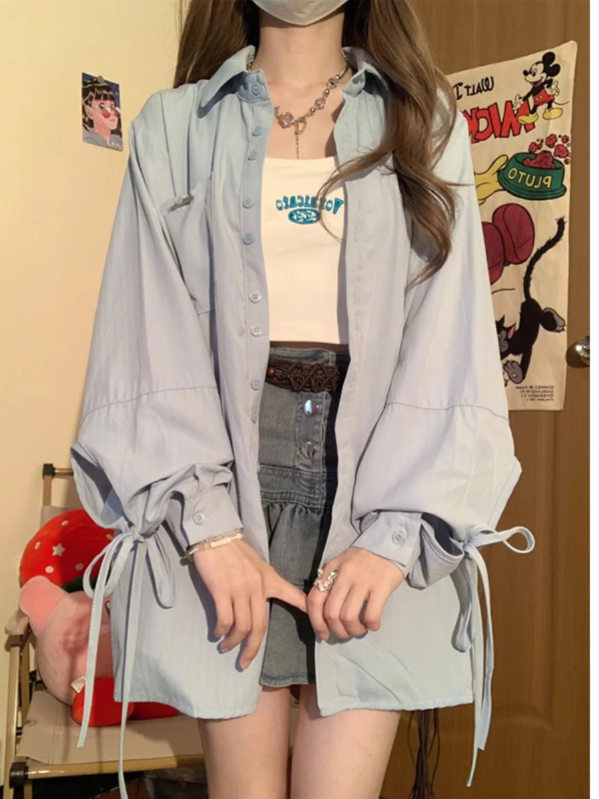 

Blue Long Sve irt Women's Loose Design Spring Casual Coat Button Sweet Sle Polyester Fabric Breathable Regular Sve