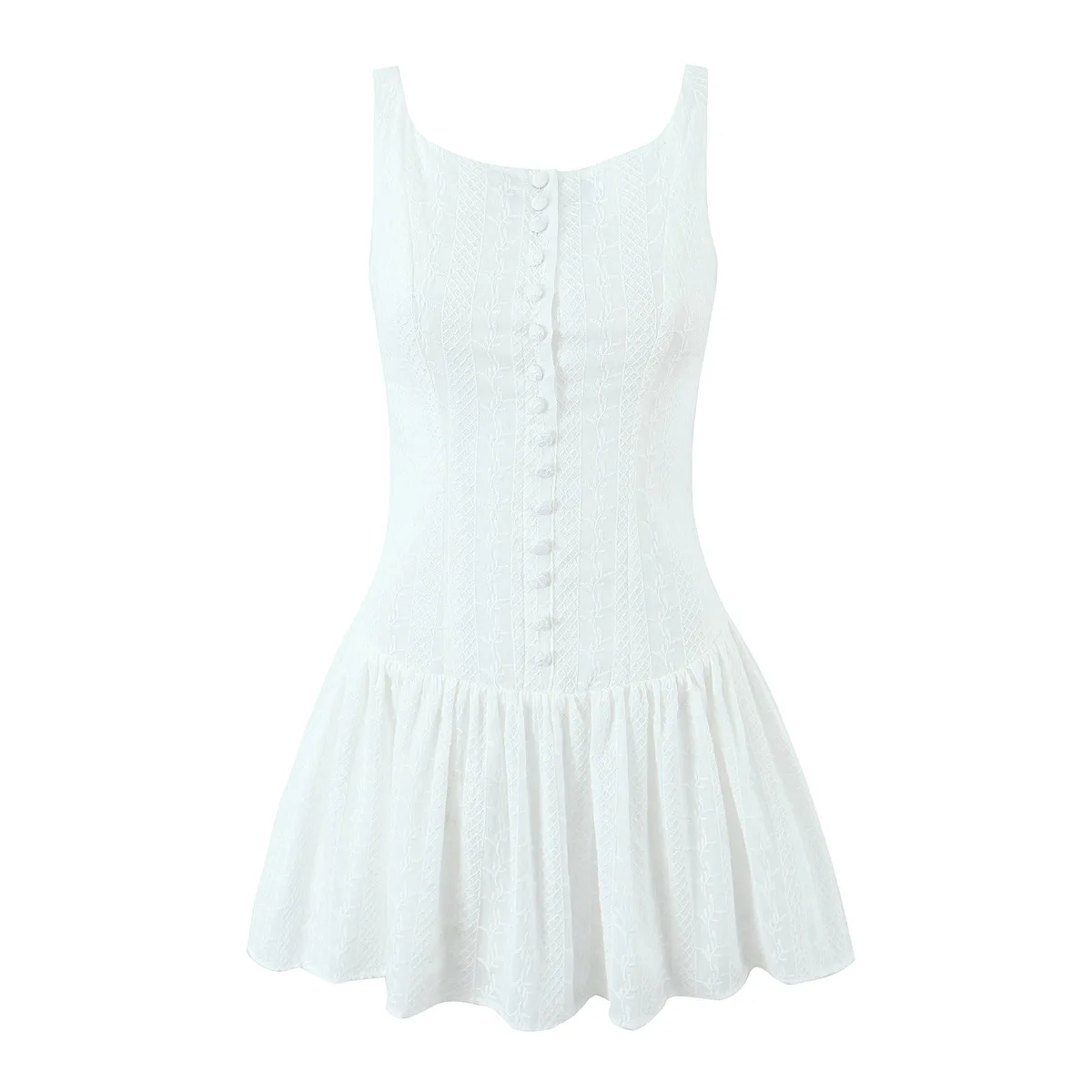 

Women Summer Sleeveless Button Up Cinch Waist Pleated Hem Backless Solid Color Mini Tank Dresses White