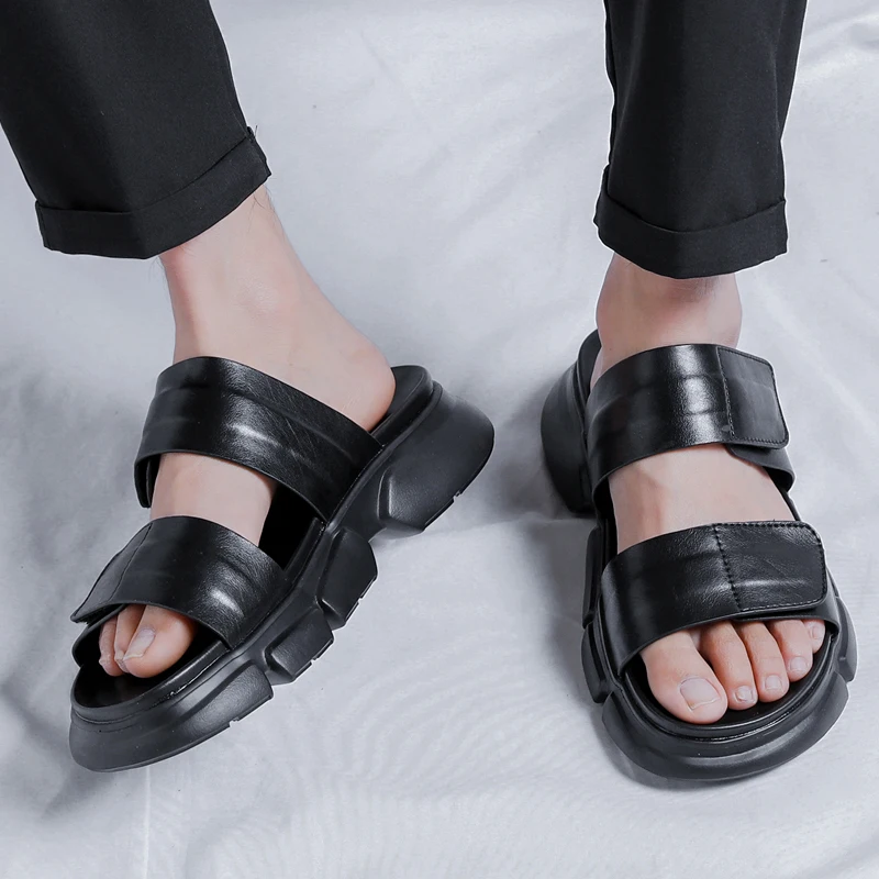 Men Black Leather Sandals with Thick Soles and No Tie Up Cuffs Trendy Comfortable Open-toe Outdoor Anti Slip Beach Shoes