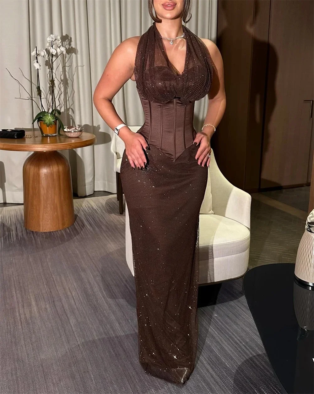 

Contessa Custom evening dress sexy halter prom dress formal gown party dress glitter mesh V neck corset waist sequin maxi sheath