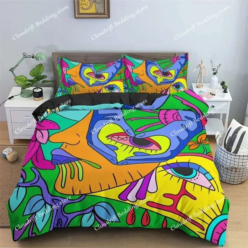 Abstract Human Face Duvet Cover Twin Full King Double Microfiber Mystic Artwork Comforter Cover Psychedelic Graffiti Bedding Set