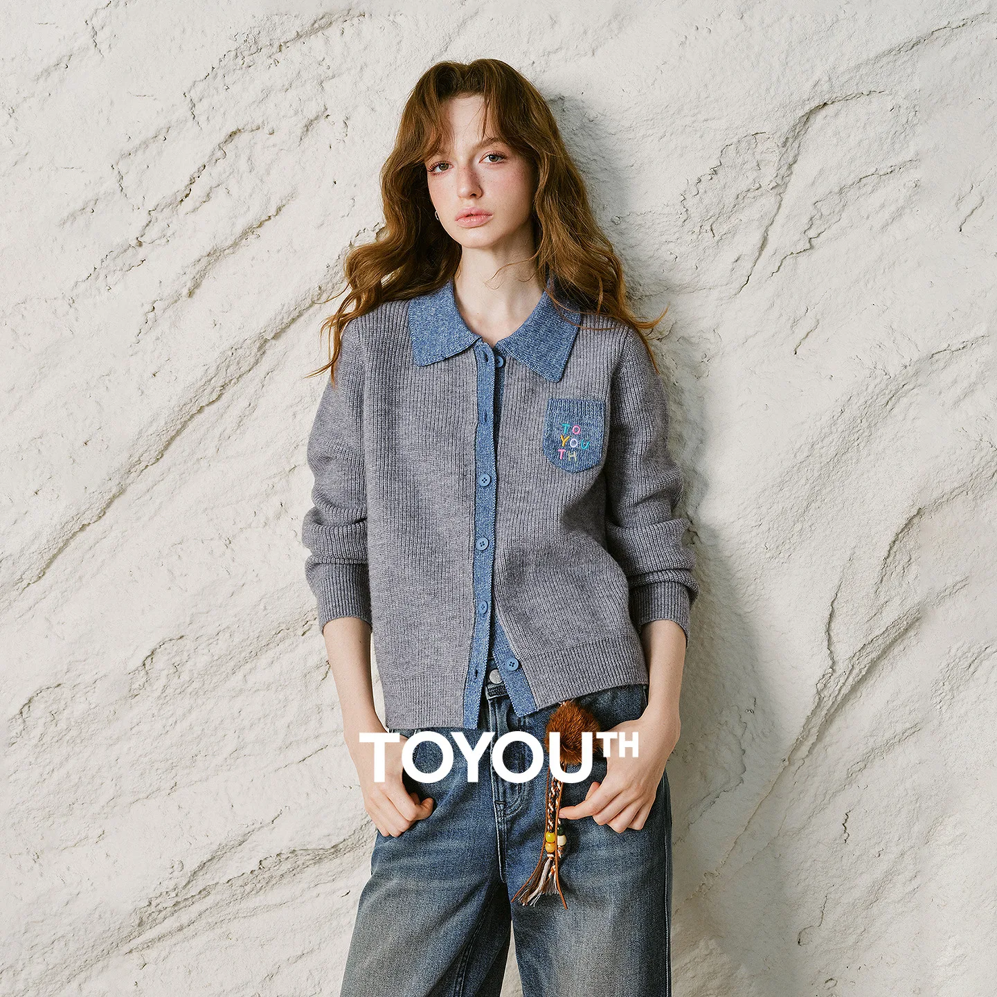 TOYOUTH Women Cardigan 2026 Winter New Denim Style Color Block Letter Embroidery Pocket Smoky Grey Knit Outerwear