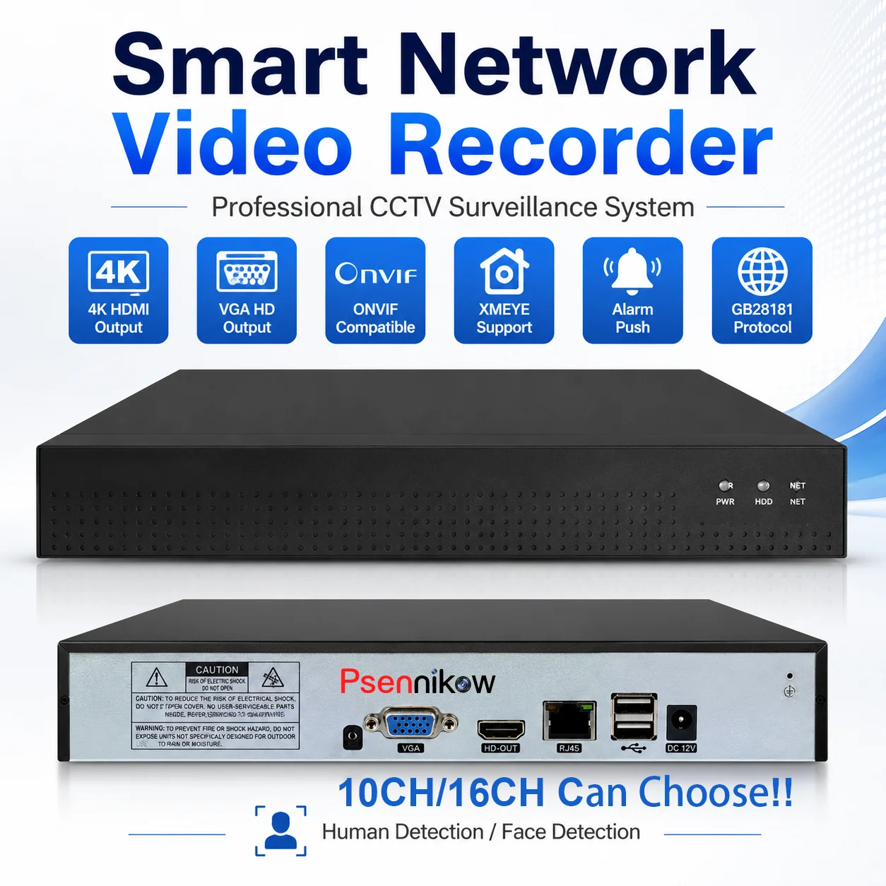 Psennikow 10CH 16CH ONVIF NVR Network Video Recorder Human Face Detection Passenger Flow Statistics HDMI VGA Cloud Alarm Push