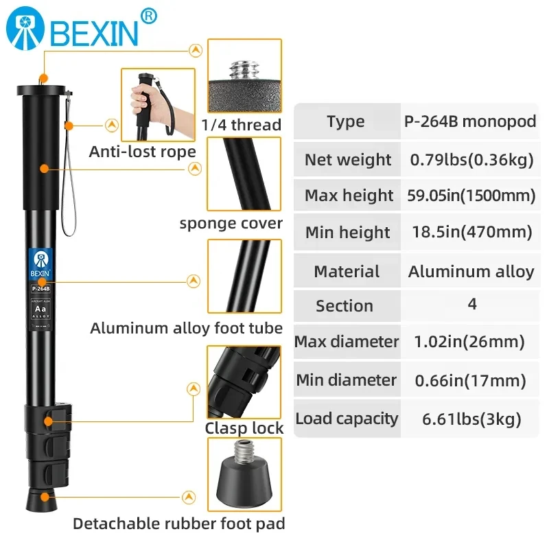 BEXIN P-264 Series Portable Camera Monopod Telescopic Handheld Selfie Adapter Monopod for Canon Nikon Sony Camera Mobile Phone