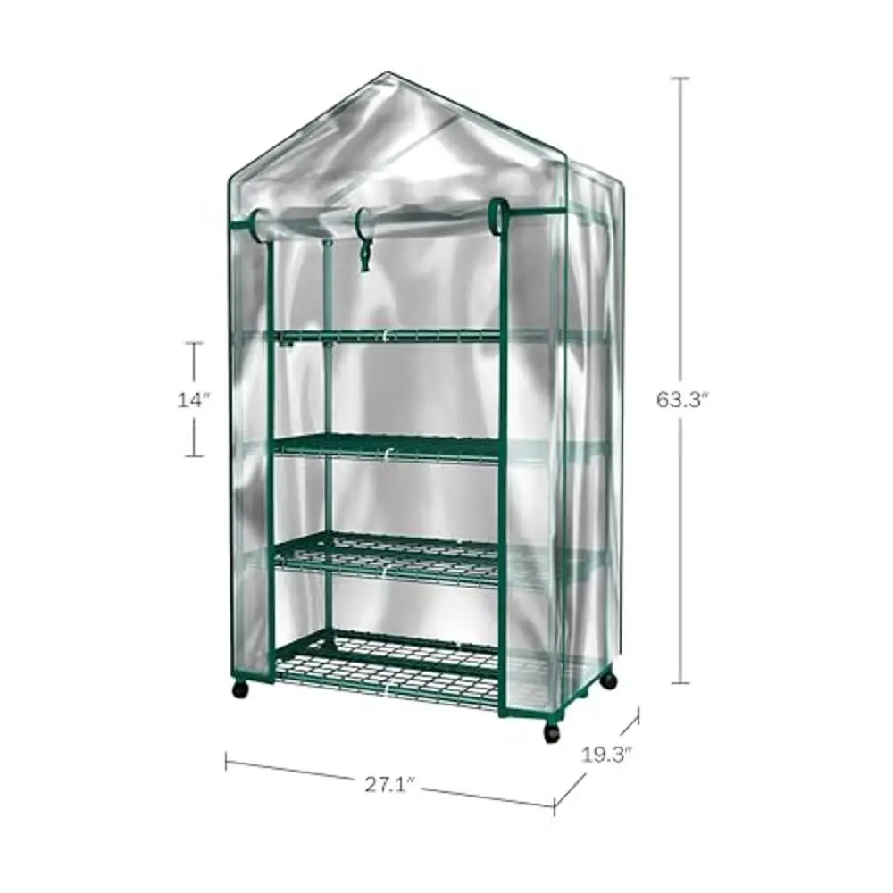 Portable Mini Greenhouse with Locking Wheels and PVC Cover Indoor Outdoor Gardening 4 Tier 27 x 19 x 63-Inch Green House