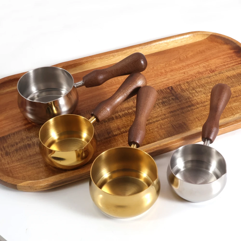 Jaswehome Wooden Handle Sauce Cup Tomato Steak Seasoning Cup 304 Stainless Steel Eagle Beak Guide Design Coffee Extraction Cups