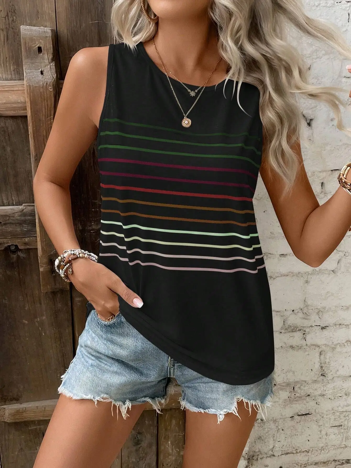 2024 Europe and the United States spring and summer cross-border crew-neck printed stripes multi-color vest T-shirt woman