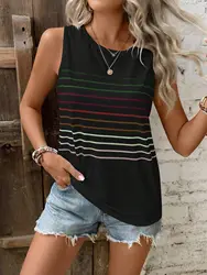 2024 Europe and the United States spring and summer cross-border crew-neck printed stripes multi-color vest T-shirt woman