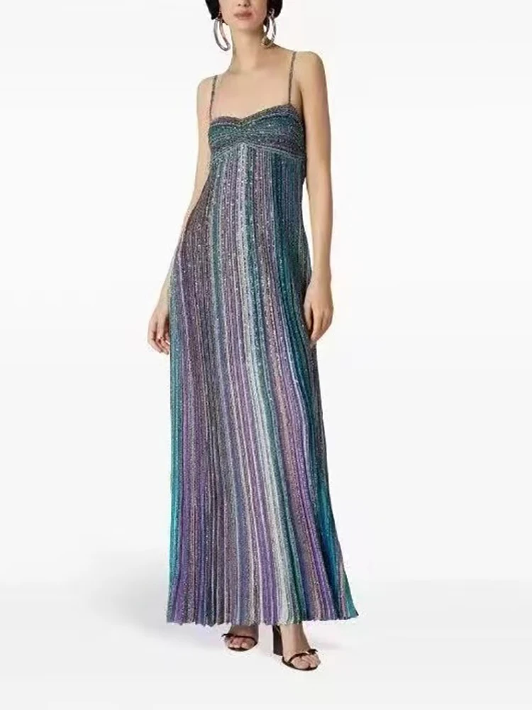 Kolorowa plisowana sukienka w paski w stylu wakacyjnym rozciągliwa, wąska, bez rękawów, wiązana na szyi sukienki damskie 2025 lato nowość