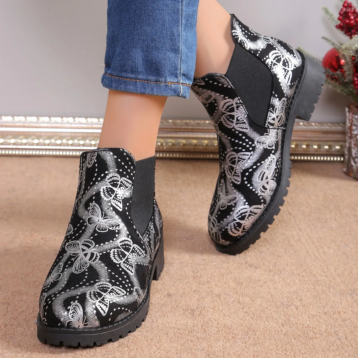 2024 Fall New Women\'s Fashion Ankle Boots Butterfly Pattern Black Gold Covered  Boots Women\'s Professional Chelsea Boots