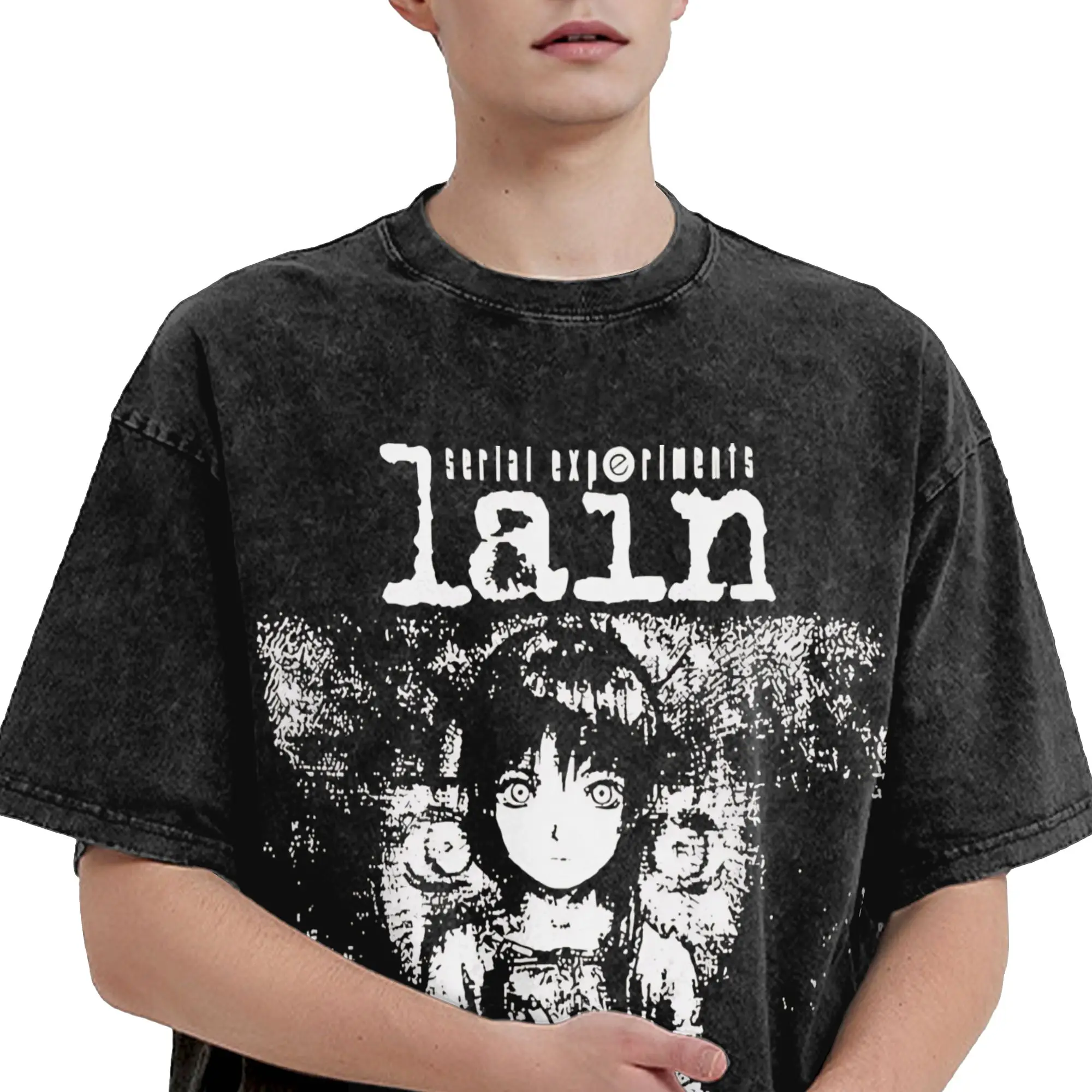 T-Shirt Novelty Serial Experiments Lain pour hommes, col rond, en pur coton, lavé, à manches courtes, vêtements imprimés