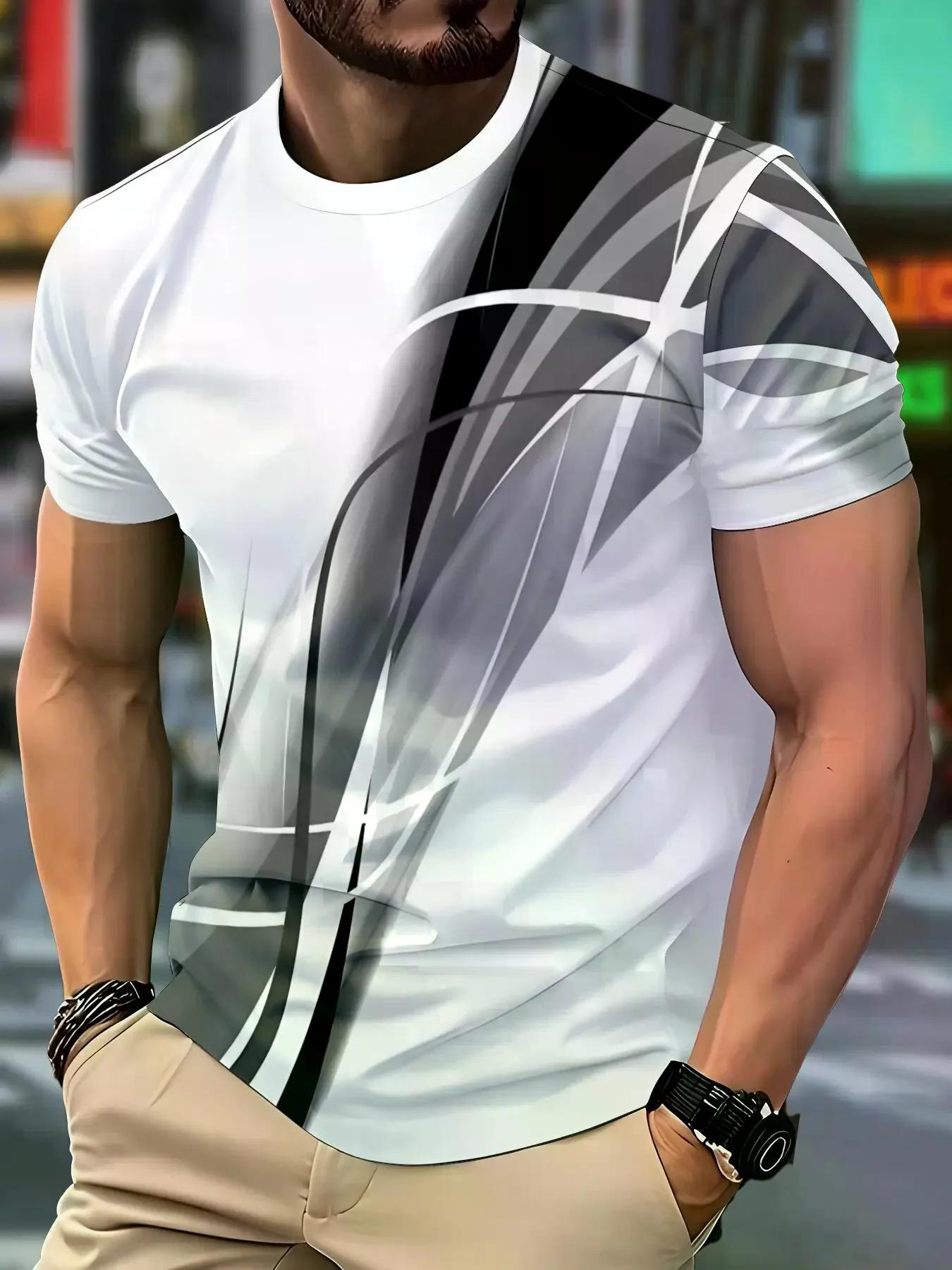 Men's Fashion New 3D Stripe Printed T-shirt Micro Elastic Breathable Short Sleeve Outdoor Sports Top