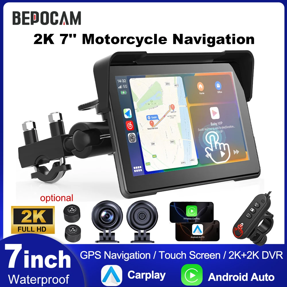 

BEPOCAM Dual 2K 7'' Carplay Screen Motorcycle GPS Navigation Wireless Carplay Android Auto IPX7 DVR Drive Recorder Moto Monitor