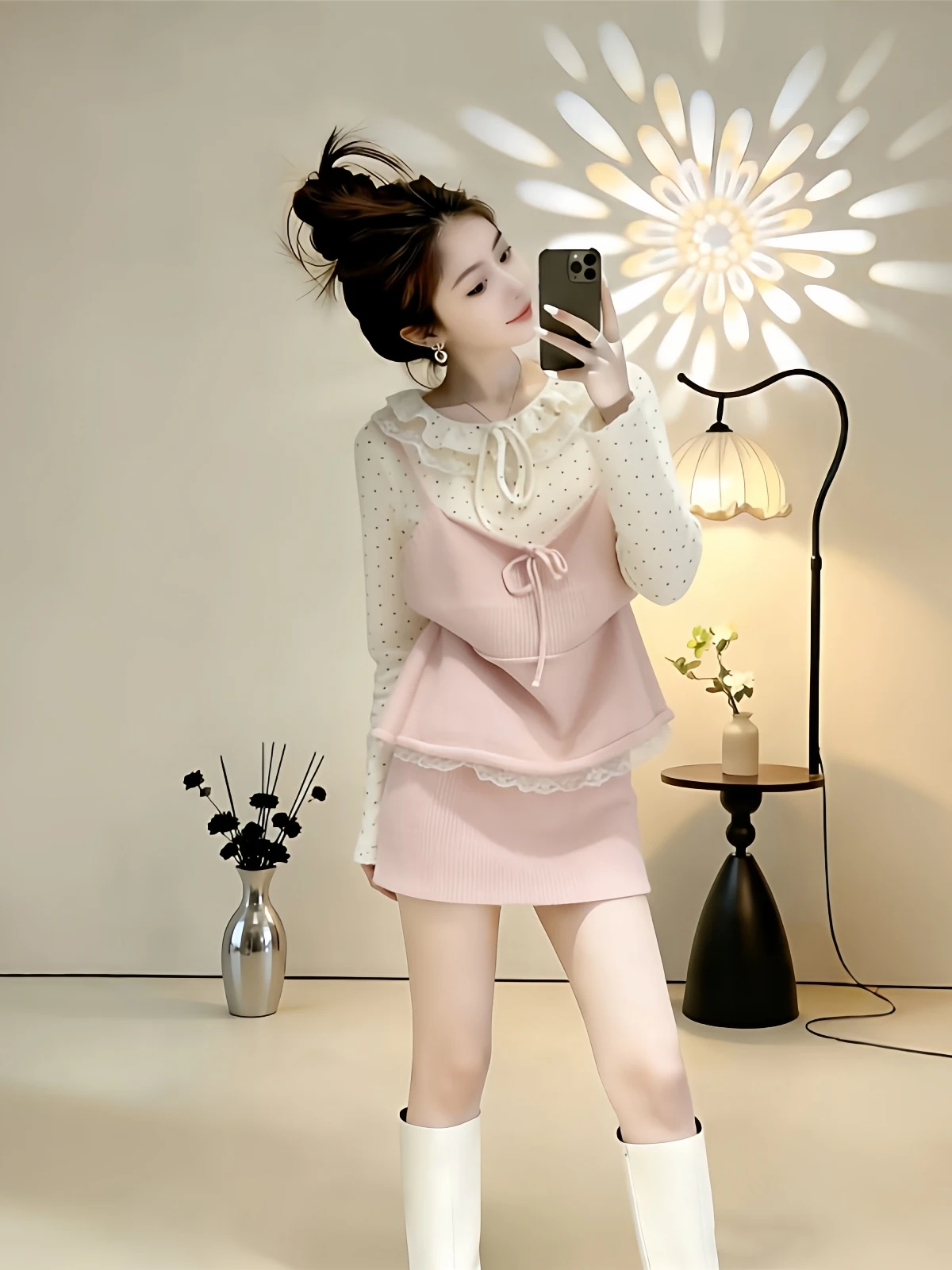 

Милый мягкий розовый вязаный жилет на бретелях, женская многослойная кружевная футболка в горошек, комплект одежды для девочек, осенне-зимняя одинаковая одежда