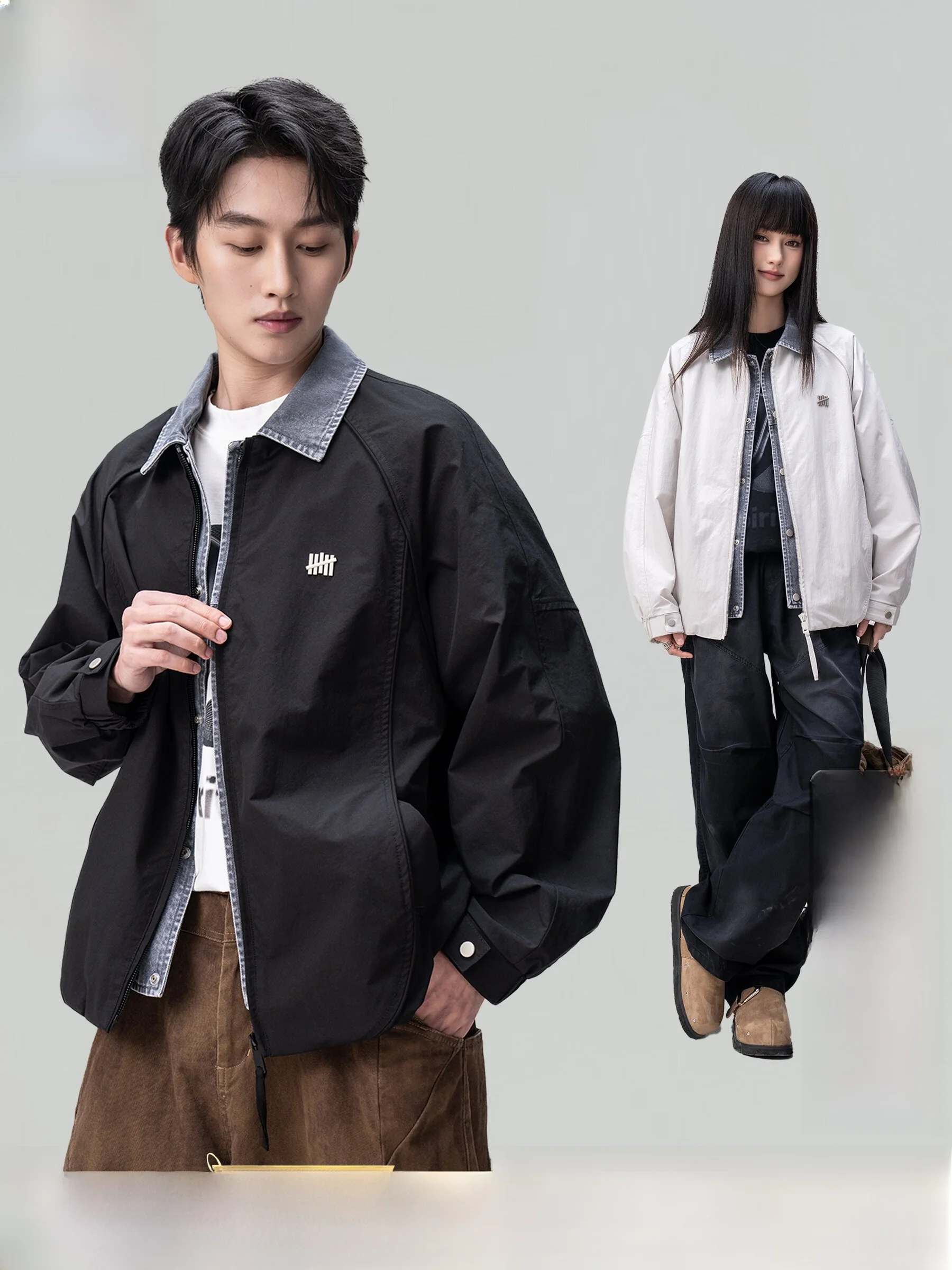 American Retro AOGZ Denim Patchwork Fake Two-Piece Turn-down Collar Jacket Unisex Spring New Fashion Outerwear Versatile