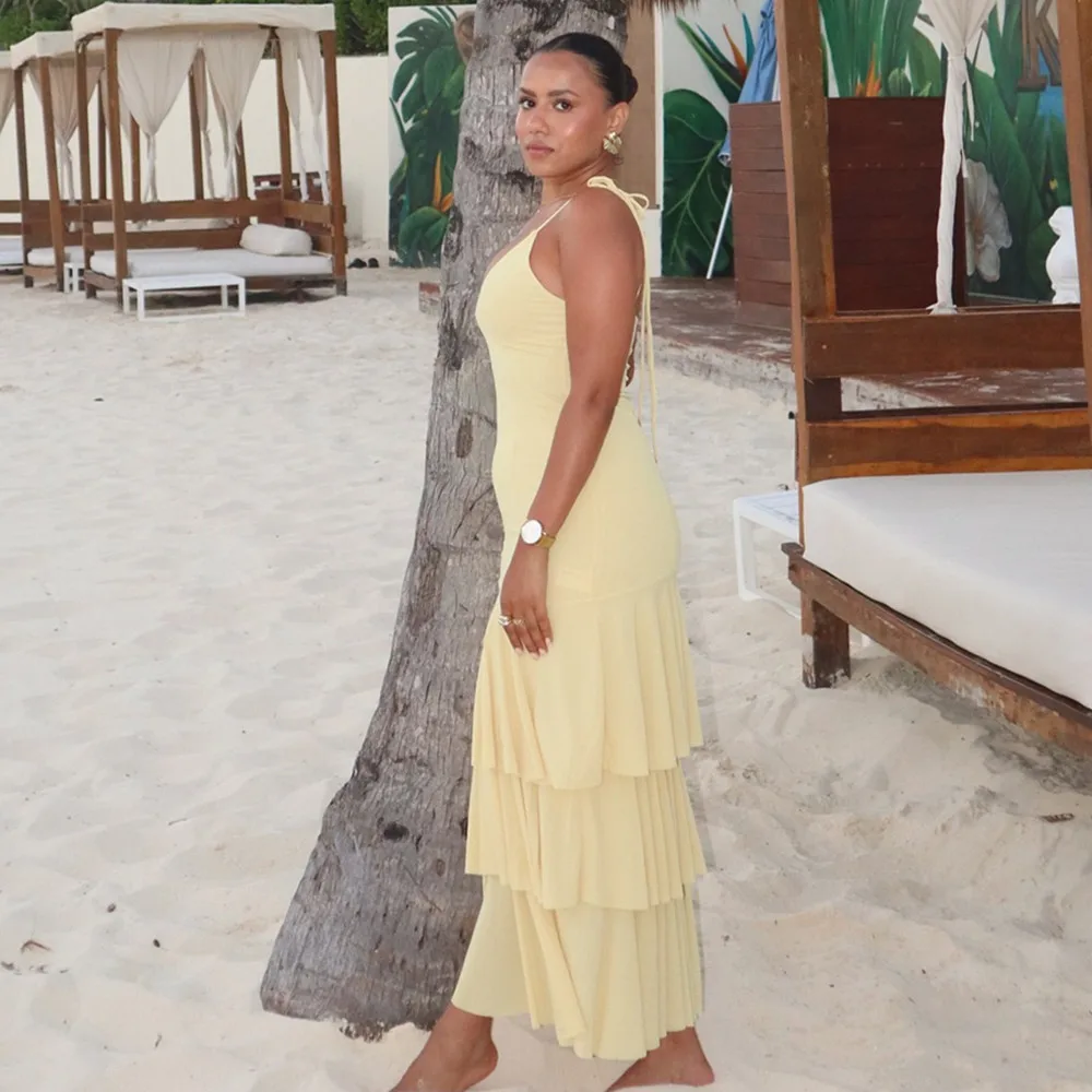 2025 doce e simples decote em v em camadas decoração cintura alta suspender vestido estilo férias vestido longo roupas femininas