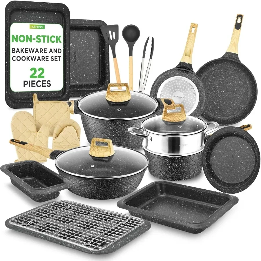 

22Piece Black Marble NonStick Cookware and Bakeware Set for Professional Home Kitchen Use Featuring MultiSized Pots Pans and He