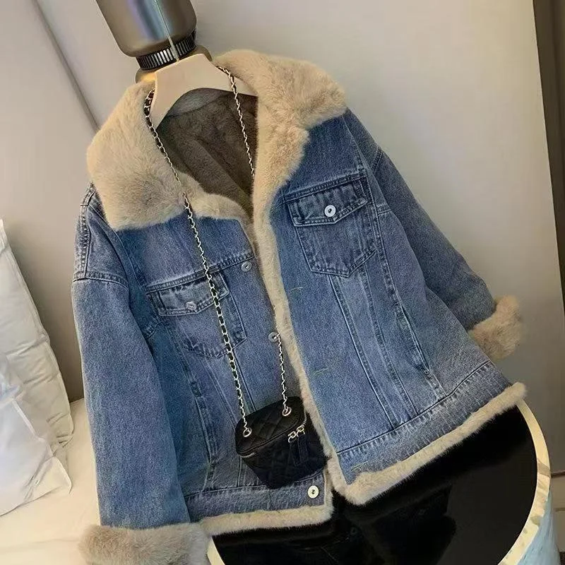 New Fashion Denim Jacket Women Retro Lambswool Casual Loose Autumn And Winter Plus Velvet Padded Leisure School Overcome Women