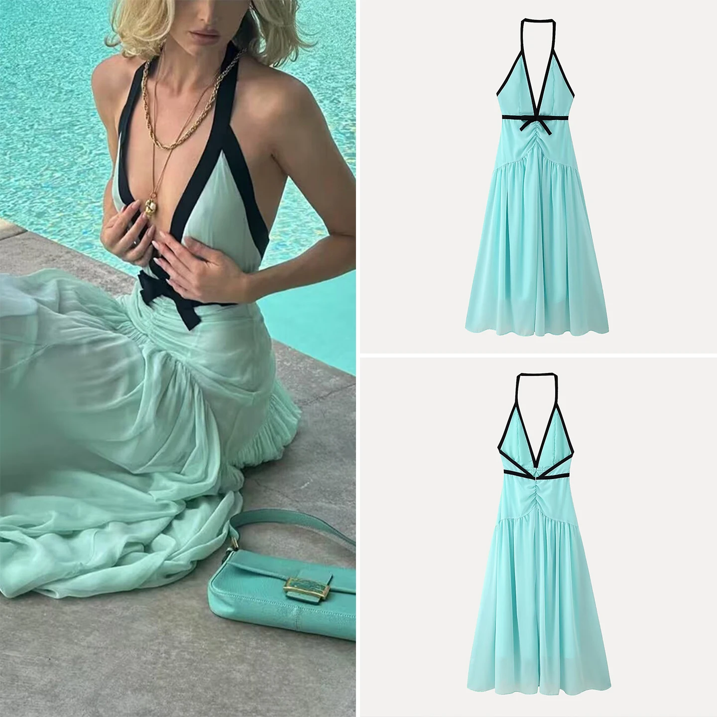 

Сексуальное длинное платье V-Ne Long Dr Z из полиэстера, приятное для кожи, дышащее, летнее, модного цвета, Blo Ne, подвесной дизайн