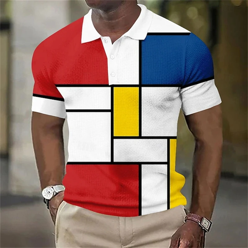 

Fashion Men's Polo Shirt 3d Geometric Splicing Graphic Print Casual Mens Polo Shirt Button Lapel Short Sleeve Street Men Clothes