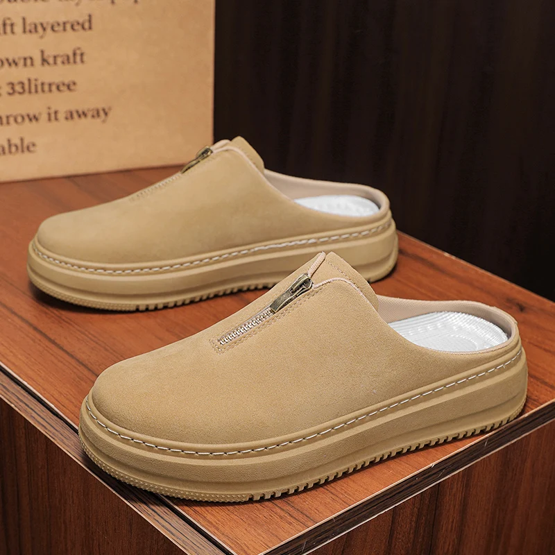 

Summer Men's Half Shoes Comfortable Suede Leather Casual Shoes Man Slip-on Platform Slippers Zipper Design Loafers Mules For Men