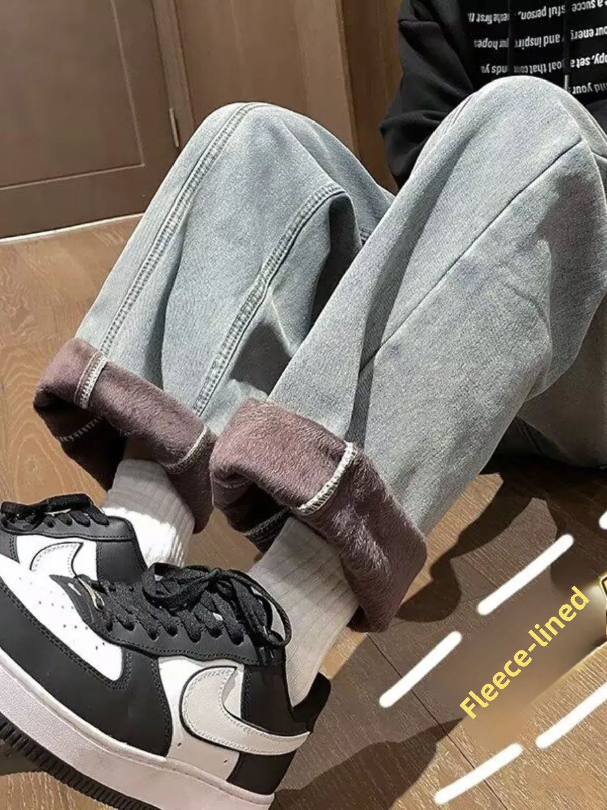 

Blue Fce Lined Thiened Vintage Jeans Men's Autumn Winter Trend American Cleanfit Rustic Loose Straight Leg Pants