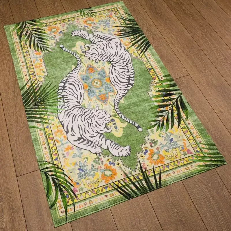 VIKAMA Green Oriental Double White Tiger Tropical Rug Soft Flannel Non Slip Washable Area Carpet for Living Room Bedroom Decor