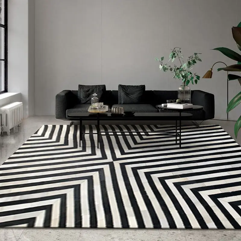 Modern Black White Stripe Real Cowhide Carpet Living Room Luxury Patchwork Sofa Coffee Table Floor Area Rug Bedroom Bedside